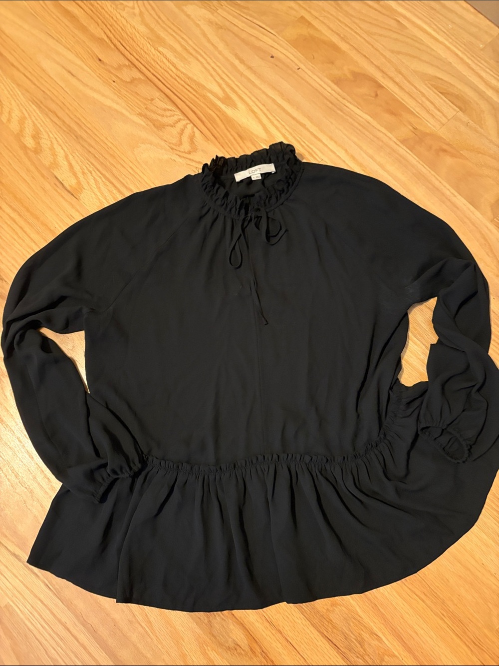 LOFT Black Ruffle-Tie Long Sleeve Peplum Blouse